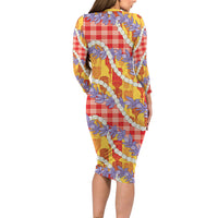 Hawaii Kahili Palaka Motifs Family Matching Long Sleeve Bodycon Dress and Hawaiian Shirt Hawaiian Honohono Pikake Lei LT14 - Polynesian Pride