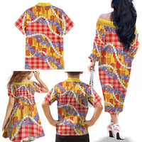 Hawaii Kahili Palaka Motifs Family Matching Off The Shoulder Long Sleeve Dress and Hawaiian Shirt Hawaiian Honohono Pikake Lei LT14 - Polynesian Pride