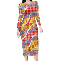 Hawaii Kahili Palaka Motifs Long Sleeve Bodycon Dress Hawaiian Honohono Pikake Lei LT14 Long Dress Red - Polynesian Pride