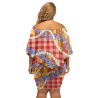 Hawaii Kahili Palaka Motifs Off Shoulder Short Dress Hawaiian Honohono Pikake Lei