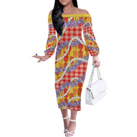 Hawaii Kahili Palaka Motifs Off The Shoulder Long Sleeve Dress Hawaiian Honohono Pikake Lei LT14 Women Red - Polynesian Pride