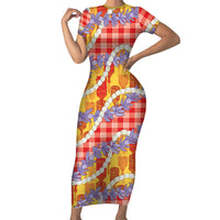 Hawaii Kahili Palaka Motifs Short Sleeve Bodycon Dress Hawaiian Honohono Pikake Lei LT14 Long Dress Red - Polynesian Pride