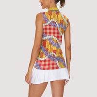 Hawaii Kahili Palaka Motifs Women Sleeveless Polo Shirt Hawaiian Honohono Pikake Lei