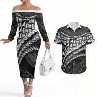 Hawaii Lauhala Tattoo Couples Matching Off The Shoulder Long Sleeve Dress and Hawaiian Shirt Hawaiian Hala Leaf Weaving LT14 Black - Polynesian Pride