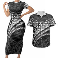 Hawaii Lauhala Tattoo Couples Matching Short Sleeve Bodycon Dress and Hawaiian Shirt Hawaiian Hala Leaf Weaving LT14 Black - Polynesian Pride
