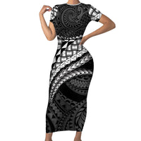 Hawaii Lauhala Tattoo Short Sleeve Bodycon Dress Hawaiian Hala Leaf Weaving LT14 Long Dress Black - Polynesian Pride