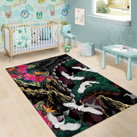 Hawaiian and Japanese Culture Area Rug Crane Sakura Hibiscus Tropical Vibes