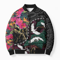 Hawaiian and Japanese Culture Bomber Puffer Jacket Crane Sakura Hibiscus Tropical Vibes