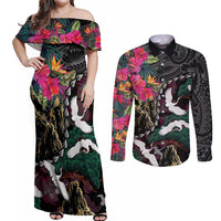 Hawaiian and Japanese Culture Couples Matching Off Shoulder Maxi Dress and Long Sleeve Button Shirt Crane Sakura Hibiscus Tropical Vibes LT14 Black - Polynesian Pride