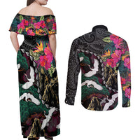 Hawaiian and Japanese Culture Couples Matching Off Shoulder Maxi Dress and Long Sleeve Button Shirt Crane Sakura Hibiscus Tropical Vibes LT14 - Polynesian Pride