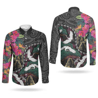 Hawaiian and Japanese Culture Couples Matching Off Shoulder Short Dress and Long Sleeve Button Shirt Crane Sakura Hibiscus Tropical Vibes LT14 - Polynesian Pride