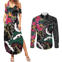 Hawaiian and Japanese Culture Couples Matching Summer Maxi Dress and Long Sleeve Button Shirt Crane Sakura Hibiscus Tropical Vibes LT14 Black - Polynesian Pride
