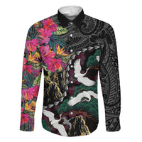 Hawaiian and Japanese Culture Family Matching Short Sleeve Bodycon Dress and Hawaiian Shirt Crane Sakura Hibiscus Tropical Vibes LT14 Dad's Shirt - Long Sleeve Black - Polynesian Pride