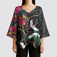 Hawaiian and Japanese Culture Kimono Sleeve Blouse Crane Sakura Hibiscus Tropical Vibes