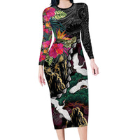 Hawaiian and Japanese Culture Long Sleeve Bodycon Dress Crane Sakura Hibiscus Tropical Vibes LT14 Long Dress Black - Polynesian Pride