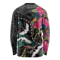 Hawaiian and Japanese Culture Long Sleeve Shirt Crane Sakura Hibiscus Tropical Vibes