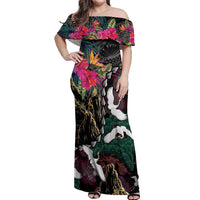 Hawaiian and Japanese Culture Off Shoulder Maxi Dress Crane Sakura Hibiscus Tropical Vibes