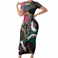 Hawaiian and Japanese Culture Short Sleeve Bodycon Dress Crane Sakura Hibiscus Tropical Vibes LT14 Long Dress Black - Polynesian Pride
