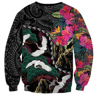 Hawaiian and Japanese Culture Sweatshirt Crane Sakura Hibiscus Tropical Vibes