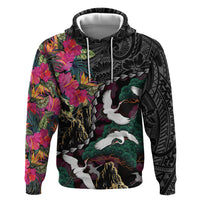 Hawaiian and Japanese Culture Zip Hoodie Crane Sakura Hibiscus Tropical Vibes