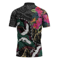 Hawaiian and Japanese Culture Zipper Polo Shirt Crane Sakura Hibiscus Tropical Vibes