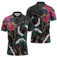 Hawaiian and Japanese Culture Zipper Polo Shirt Crane Sakura Hibiscus Tropical Vibes LT14 - Polynesian Pride