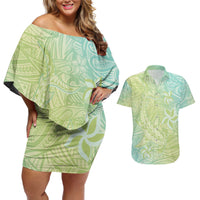 Baby Green Gradient Polynesia Couples Matching Off Shoulder Short Dress and Hawaiian Shirt Hawaiian Tribal Hammerhead Shark Tattoo