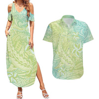 Baby Green Gradient Polynesia Couples Matching Summer Maxi Dress and Hawaiian Shirt Hawaiian Tribal Hammerhead Shark Tattoo