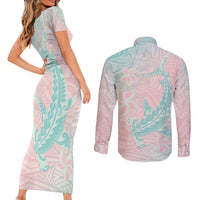 Baby Pink Gradient Polynesia Couples Matching Short Sleeve Bodycon Dress and Long Sleeve Button Shirt Hawaiian Tribal Hammerhead Shark Tattoo