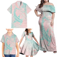 Baby Pink Gradient Polynesia Family Matching Off Shoulder Maxi Dress and Hawaiian Shirt Hawaiian Tribal Hammerhead Shark Tattoo LT14 - Polynesian Pride