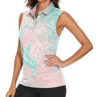 Baby Pink Gradient Polynesia Women Sleeveless Polo Shirt Hawaiian Tribal Hammerhead Shark Tattoo