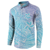 Baby Blue Gradient Polynesia Button Sweatshirt Hawaiian Tribal Hammerhead Shark Tattoo