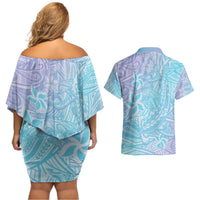 Baby Blue Gradient Polynesia Couples Matching Off Shoulder Short Dress and Hawaiian Shirt Hawaiian Tribal Hammerhead Shark Tattoo