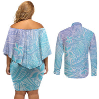 Baby Blue Gradient Polynesia Couples Matching Off Shoulder Short Dress and Long Sleeve Button Shirt Hawaiian Tribal Hammerhead Shark Tattoo