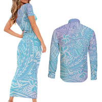 Baby Blue Gradient Polynesia Couples Matching Short Sleeve Bodycon Dress and Long Sleeve Button Shirt Hawaiian Tribal Hammerhead Shark Tattoo