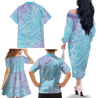 Baby Blue Gradient Polynesia Family Matching Off The Shoulder Long Sleeve Dress and Hawaiian Shirt Hawaiian Tribal Hammerhead Shark Tattoo LT14 - Polynesian Pride