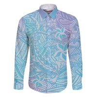 Baby Blue Gradient Polynesia Family Matching Off The Shoulder Long Sleeve Dress and Hawaiian Shirt Hawaiian Tribal Hammerhead Shark Tattoo LT14 Dad's Shirt - Long Sleeve Baby Blue - Polynesian Pride