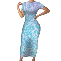 Baby Blue Gradient Polynesia Family Matching Short Sleeve Bodycon Dress and Hawaiian Shirt Hawaiian Tribal Hammerhead Shark Tattoo LT14 Mom's Dress Baby Blue - Polynesian Pride