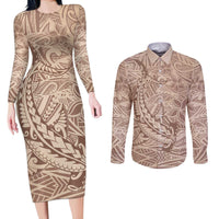 Pink Gradient Polynesia Couples Matching Long Sleeve Bodycon Dress and Long Sleeve Button Shirt Hawaiian Tribal Hammerhead Shark Tattoo