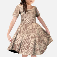 Pastel Brown Polynesia Family Matching Off The Shoulder Long Sleeve Dress and Hawaiian Shirt Hawaiian Tribal Hammerhead Shark Tattoo LT14 Daughter's Dress Pastel Brown - Polynesian Pride
