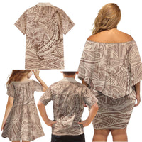 Pastel Brown Polynesia Family Matching Off Shoulder Short Dress and Hawaiian Shirt Hawaiian Tribal Hammerhead Shark Tattoo LT14 - Polynesian Pride