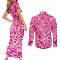 Beige Gradient Polynesia Couples Matching Short Sleeve Bodycon Dress and Long Sleeve Button Shirt Hawaiian Tribal Hammerhead Shark Tattoo