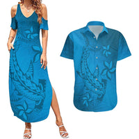Blue Gradient Polynesia Couples Matching Summer Maxi Dress and Hawaiian Shirt Hawaiian Tribal Hammerhead Shark Tattoo