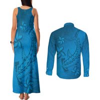 Blue Gradient Polynesia Couples Matching Tank Maxi Dress and Long Sleeve Button Shirt Hawaiian Tribal Hammerhead Shark Tattoo