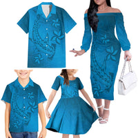 Blue Gradient Polynesia Family Matching Off The Shoulder Long Sleeve Dress and Hawaiian Shirt Hawaiian Tribal Hammerhead Shark Tattoo LT14 - Polynesian Pride
