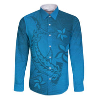 Blue Gradient Polynesia Family Matching Short Sleeve Bodycon Dress and Hawaiian Shirt Hawaiian Tribal Hammerhead Shark Tattoo LT14 Dad's Shirt - Long Sleeve Blue - Polynesian Pride