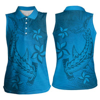 Blue Gradient Polynesia Women Sleeveless Polo Shirt Hawaiian Tribal Hammerhead Shark Tattoo