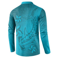 Dark Cyan Gradient Polynesia Button Sweatshirt Hawaiian Tribal Hammerhead Shark Tattoo