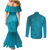 Dark Cyan Gradient Polynesia Couples Matching Mermaid Dress and Long Sleeve Button Shirt Hawaiian Tribal Hammerhead Shark Tattoo