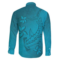Dark Cyan Gradient Polynesia Family Matching Long Sleeve Bodycon Dress and Hawaiian Shirt Hawaiian Tribal Hammerhead Shark Tattoo LT14 - Polynesian Pride